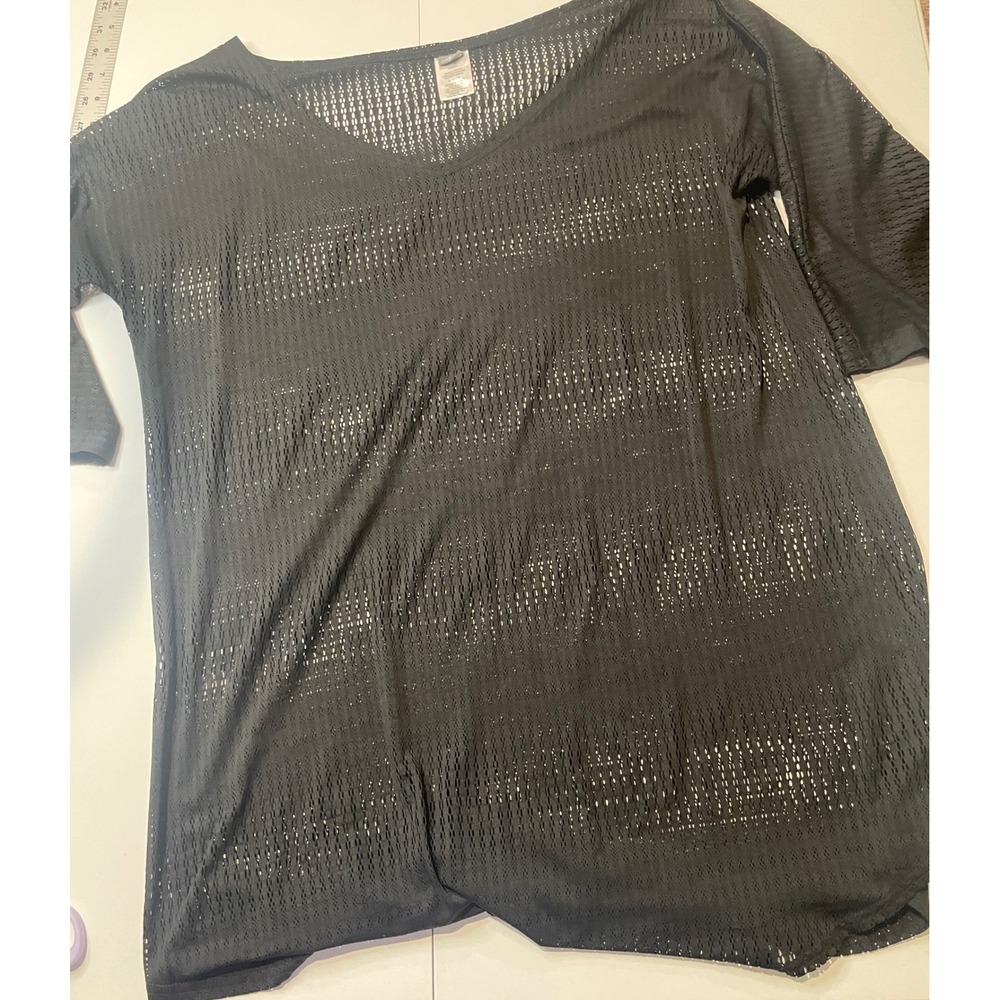 O'Neill Women Black Mesh V-Neck Swim Cover Up Top XL 3/4 Sleeve RN 85773